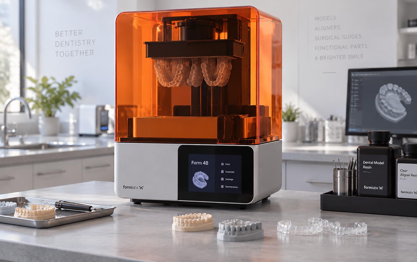 De Formlabs Form 4B 3D-printer met gedrukte dental modellen en aligners